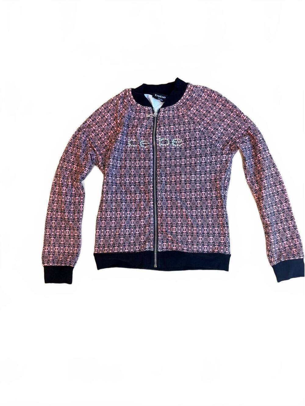 Bebe Y2K Rhinestone Logo Track Jacket McBling Pink Black Damask Zip Bomber XS